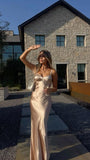 Elegant Champagne Gold Sweetheart Spaghetti Strap Backless Long Mermaid Prom Dress HZ0311