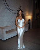 Pretty Sheath Satin Spaghetti Straps Long Prom Dresses HZ0311