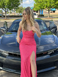Charming Mermaid Spaghetti Straps Pink Sequins Slit Inspiration Long Prom Dresses Evening Party Dress Prom Gowns HZ0311