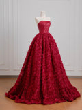 Timeless Ball Gown Strapless Burgundy Floral Tulle Long Prom Dresses Inspiration Party Gowns HZ0311