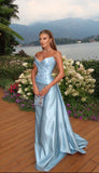 Mermaid Strapless Blue Satin With Appliqueds Lace Long Prom Dresses For Women HZ0311