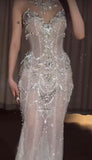Glitter Mermaid High Neck White Silver Beaded Long Prom Dresses With Train Inspiration Evening Gowns For Women Formal Party Dress HZ0311