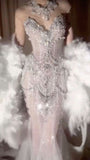 Glitter Mermaid High Neck White Silver Beaded Long Prom Dresses With Train Inspiration Evening Gowns For Women Formal Party Dress HZ0311