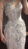 Glitter Mermaid High Neck White Silver Beaded Long Prom Dresses With Train Inspiration Evening Gowns For Women Formal Party Dress HZ0311