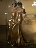 Mermaid Off The Shoulder Gold Sequin Short Sleeves Prom Dresses Inspiration Long Night Outfits Birthday Outfit HZ0311