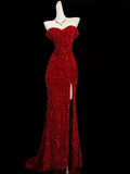Unique Mermaid Off The Shoulder Red Sequins With Slit Prom Dresses Formal Gown Inspo Evening Outfits HZ0311