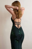 Timeless Dark Green Spaghetti-Straps Sleeveless Prom Dresses Mermaid V-Neck With Lace-Up Back HZ0311