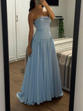Charming A line Strapless Blue Satin Long Party Dresses Senior Prom Dresses Impress Wedding Guest Dress HZ0311