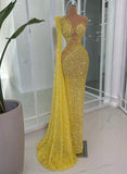 Glitter Mermaid One Shoulder Yellow Sequin Prom Dresses With Beads Gem Evening Party Formal Gown 21st Birthday Outfits HZ0311