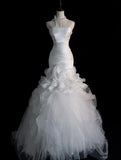 Charming Women's Mermaid 80s Strapless Sleeveless White Tulle Pleated Long Wedding Dresses HZ0311