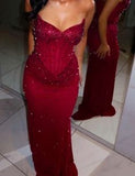 Modest Mermaid Strapless Wine Red Sequin Burgundy Prom Dresses With Beads Evening Party Formal Gown 17th Birthday Outfits HZ0311