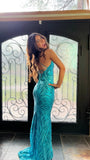 Classy Mermaid Spaghetti Straps Blue Sequin Inspo For Women Girls Formal Party Gowns Long Prom Dresses HZ0311