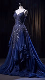 Unique Ball Gown Sweetheart Navy Blue Chiffon With Lace Long Prom Dresses Formal Gown Inspo Evening Outfit HZ0311