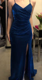 Sparkly Mermaid Spaghetti Straps Sleeveless Royal Blue Long Formal Dresses Slit Sequins Prom Dress HZ0311