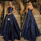 Chic Ball Gown Strapless Royal Blue Satin Prom Dresses Long for Women Formal Evening Gowns HZ0311