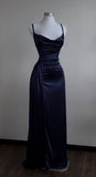 Modest Mermaid Spaghetti Straps Navy Blue Satin With Ruched For Women Party Dress Long Formal Prom Dresses 21st Birthday Outfits HZ0311