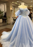 Unique Ball Gown Off The Shoulder Light Sky Blue Tulle Prom Dresses With Beads Formal Gown Inspo Evening Outfits HZ0311