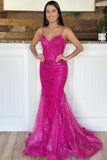 Sparkly Mermaid Spaghetti Straps Hot Pink Sequined For Women Party Dresses Long Formal Prom Dress 22th Birthday Gown HZ0311