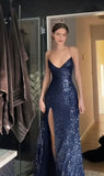 Modest Mermaid V Neckline Marine Ball Dresses Long Formal Gowns Navy Blue Sequin Slit Prom Dresses Evening Gowns HZ0311