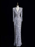 Charming Mermaid V Neck Silver Gray With Ruch Sequins Long Prom Dresses Evening Outfits Formal Dress HZ0311