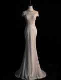 Civil Wedding Dresses Mermaid High Neck White Sequin With Beaded Bodice Sleeves Brides Dress Fitted Bridal Gowns HZ0311