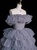 Modest Ball Gown Off The Shoulder Grey Tulle Long Prom Dresses Party Dress 21st Birthday Outfits Graduation Gown HZ0311
