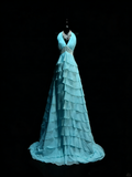 Princess A line Halter Blue Chiffon Tiered Ruffles Long Prom Dresses Evening Outfits Formal Dress HZ0311